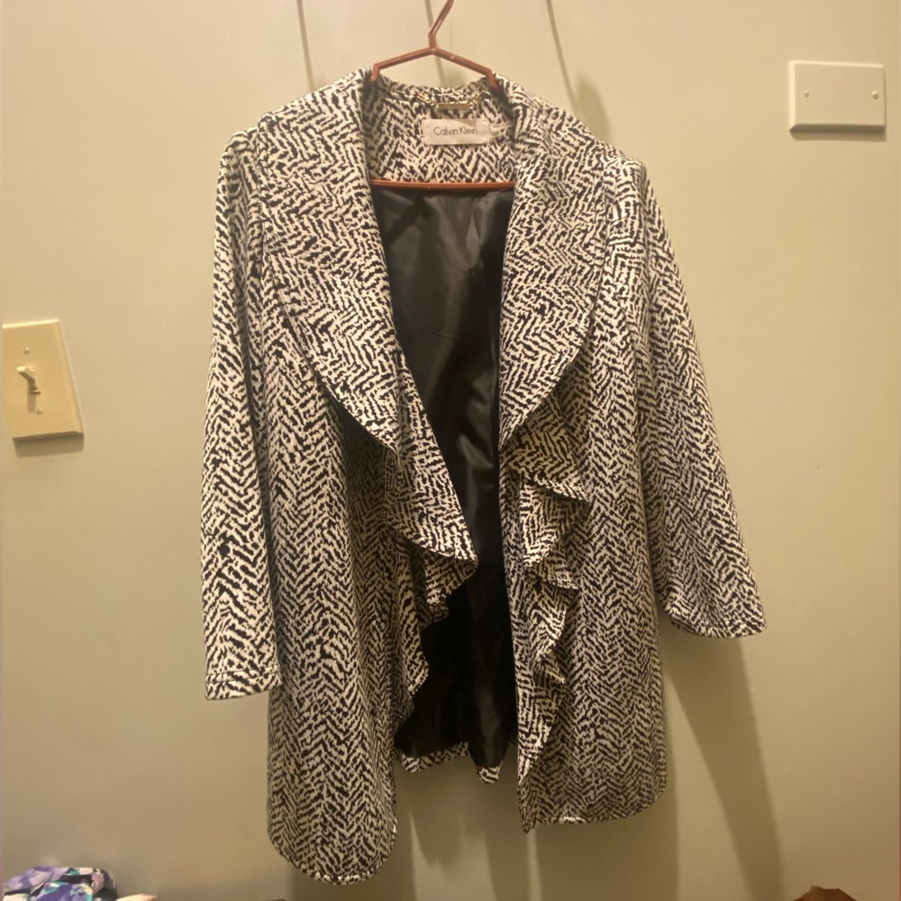 Calvin Klein Black and White Ruffled Blazer Jacket